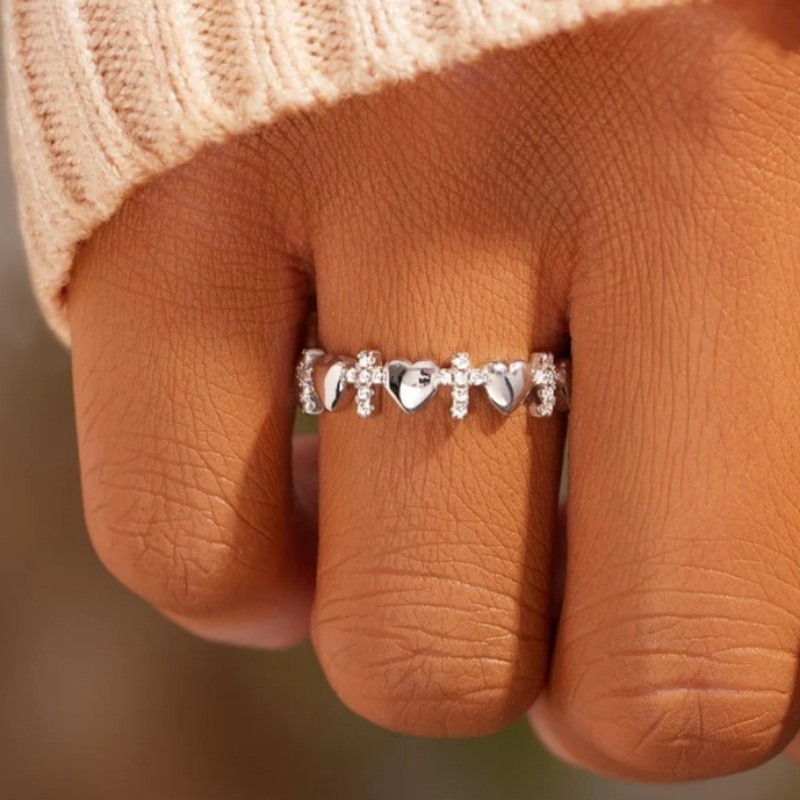 Simple Cross Heart Ring with Synthetic Zirconia
